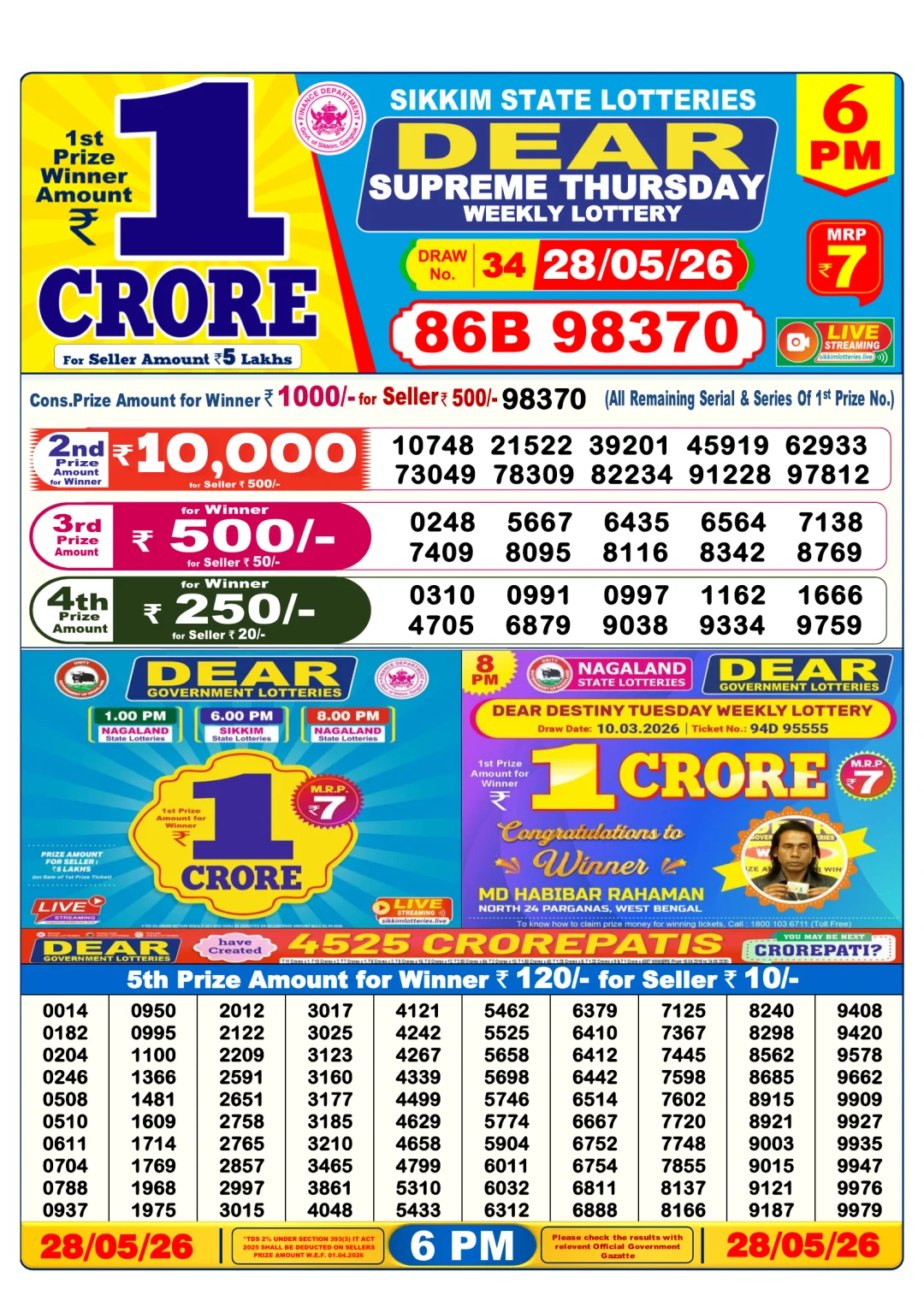Evening lottery result 28/05/26