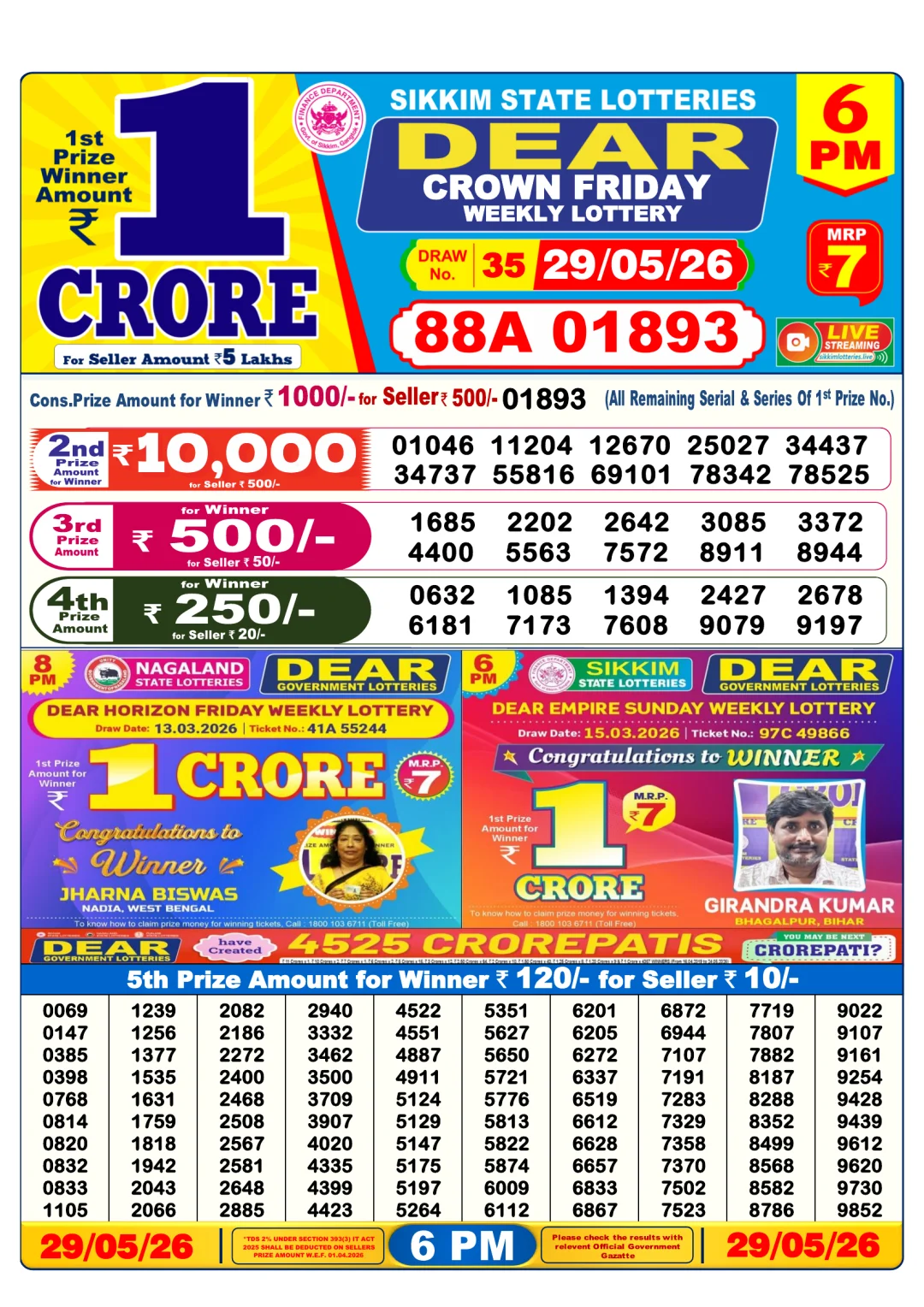 Evening lottery result 29/05/26