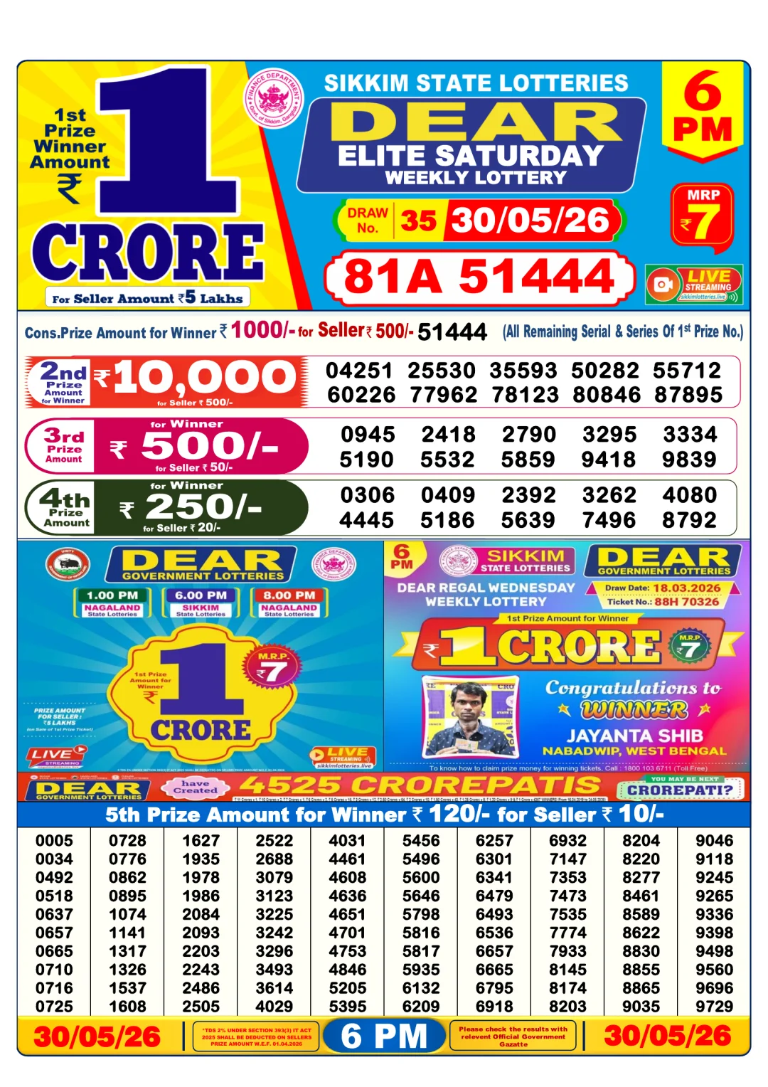 Evening lottery result 30/05/26