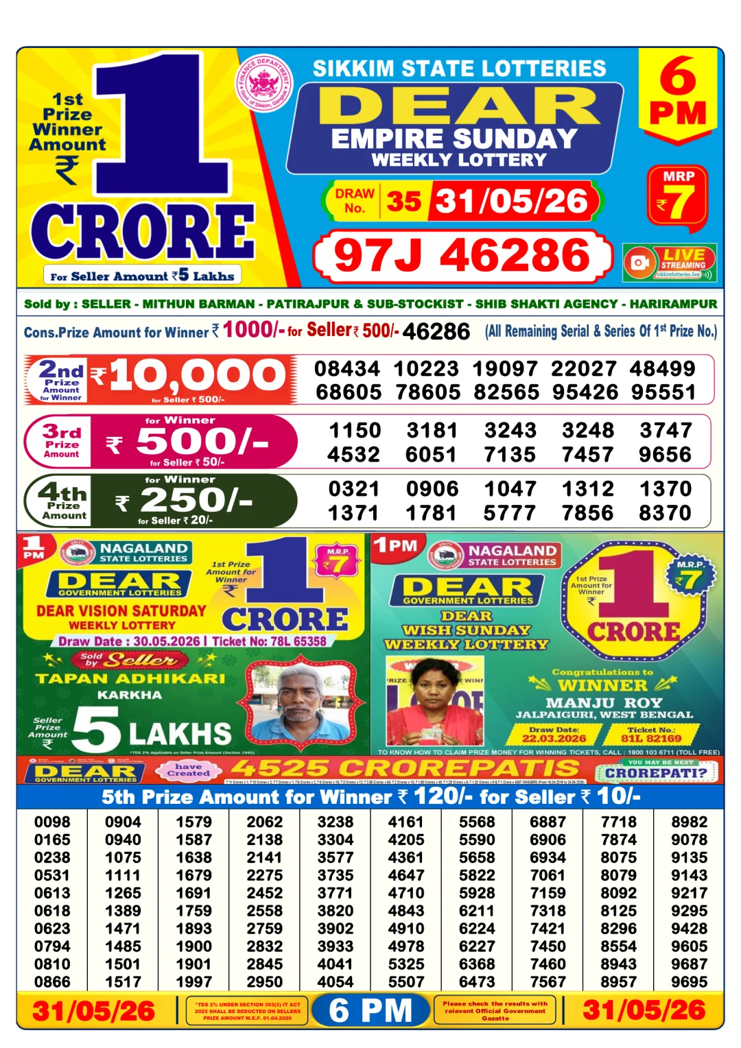 Evening lottery result 31/05/26