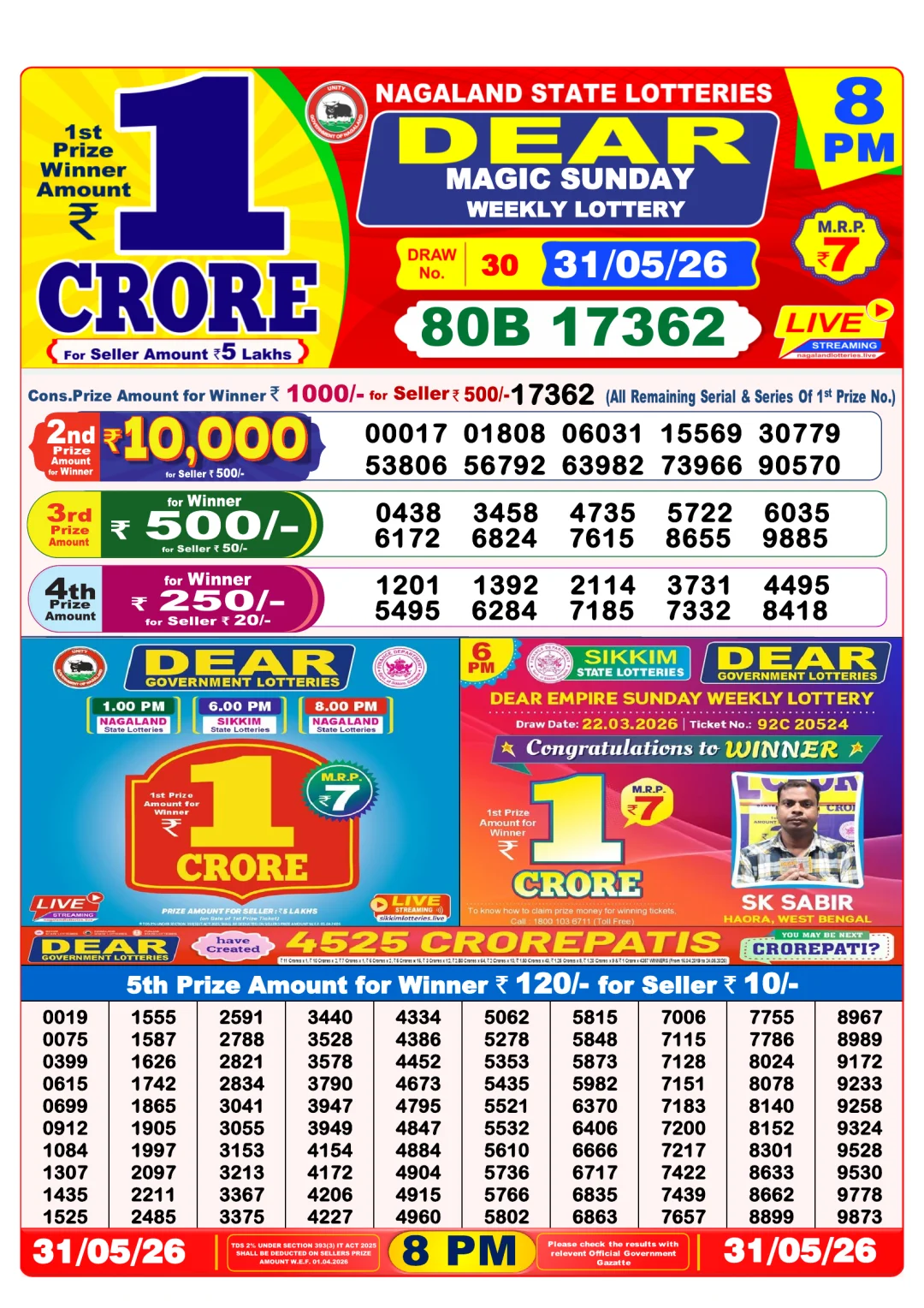 Night lottery result 31/05/26