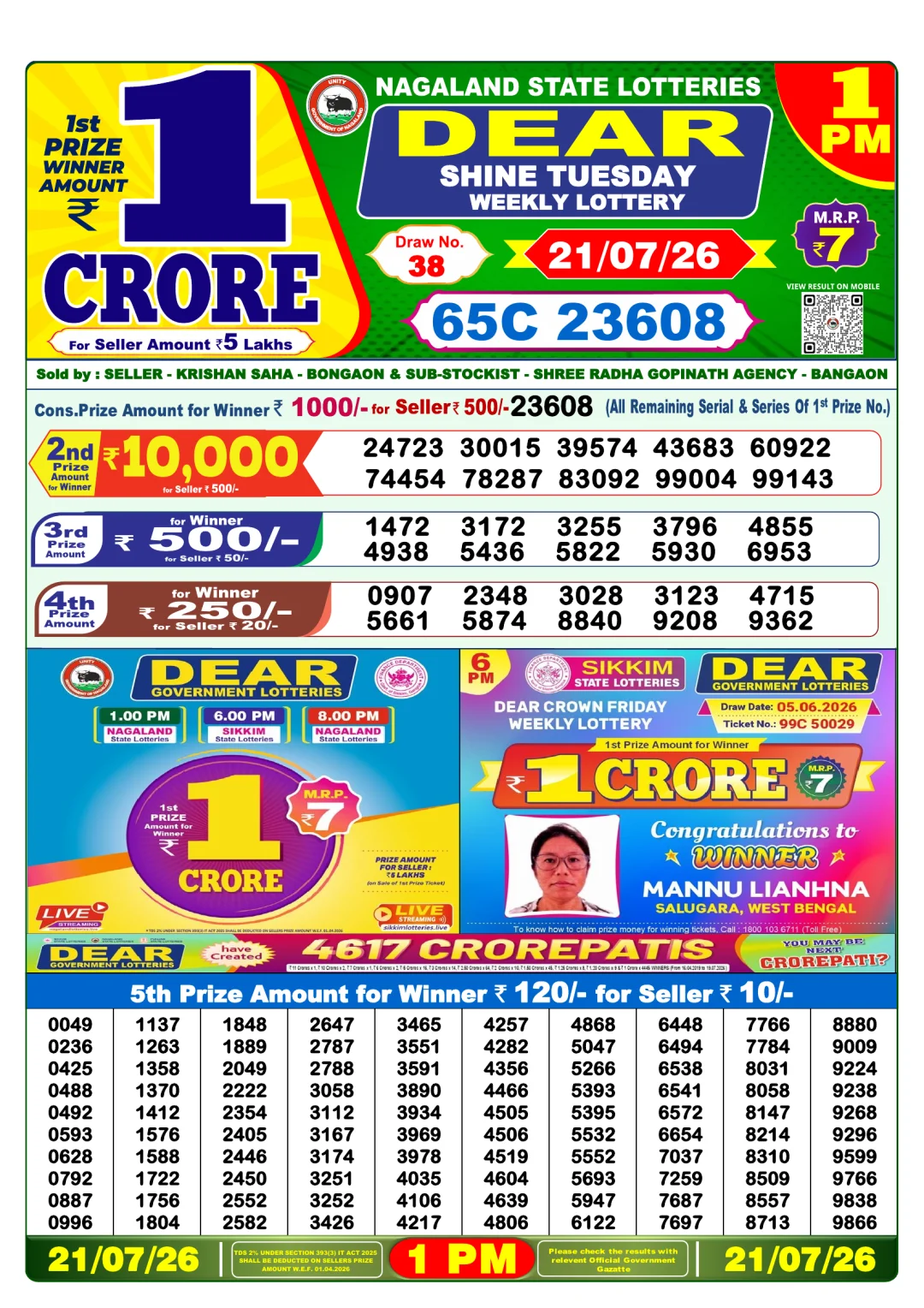 Morning lottery result 21/07/26