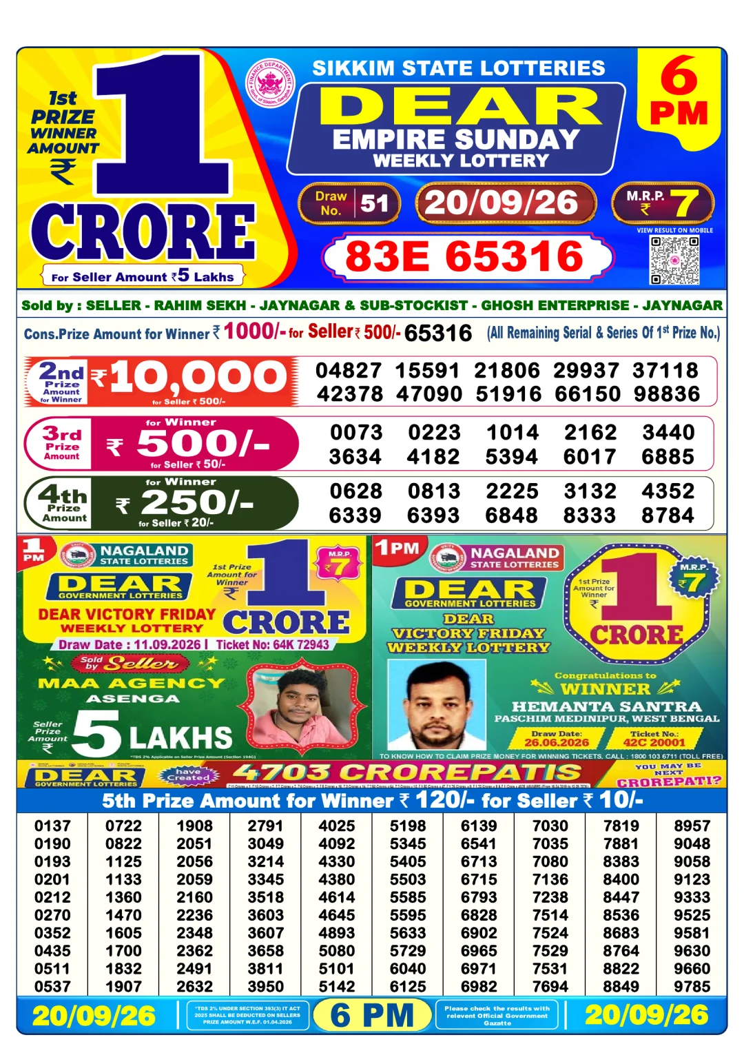 Evening lottery result 20/09/26